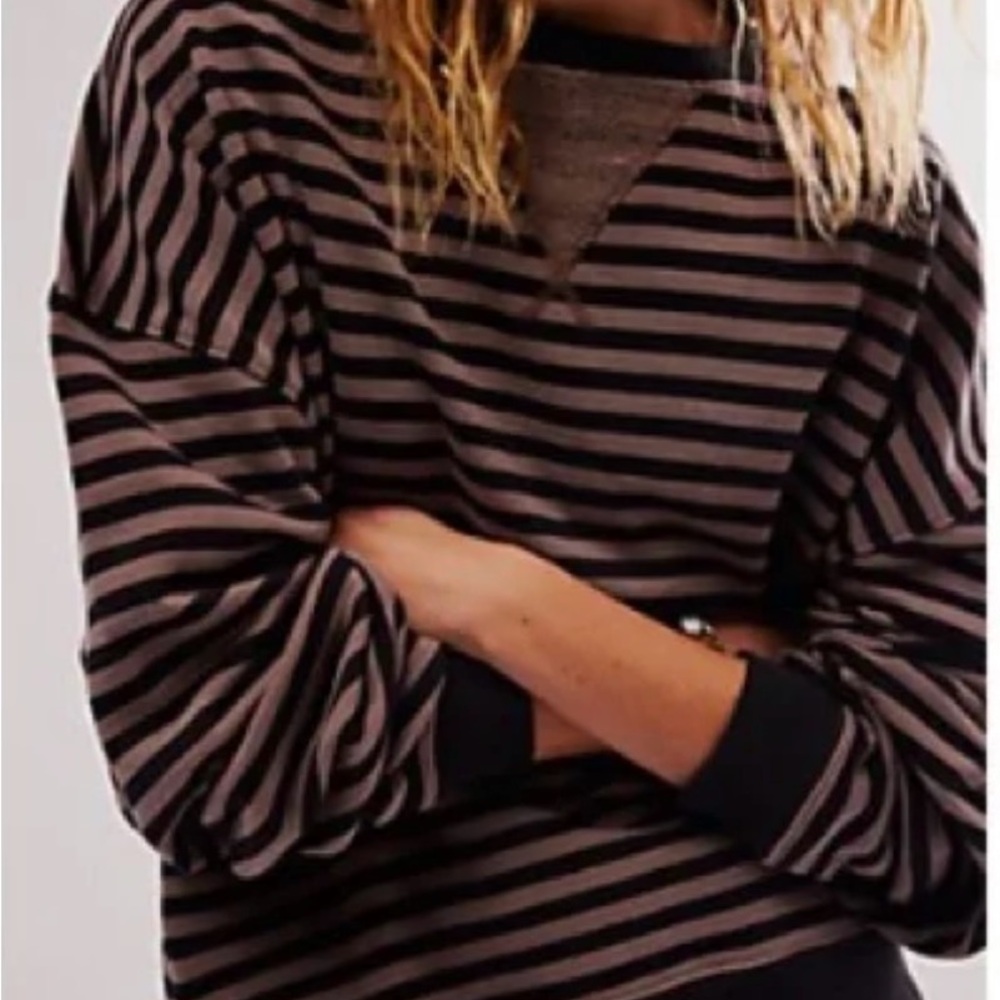 Free People Classic Striped Oversized Crewneck in Dusk Combo (Size L)
